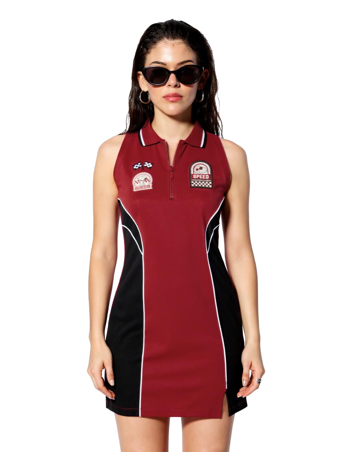 The Souled Store Peanuts: Speed Beagle Women and Girls Sleeveless Spread Collar Burgundy and Black Embellished Cotton Slim Fit Lightweight Everyday Comfortable Dresses in black