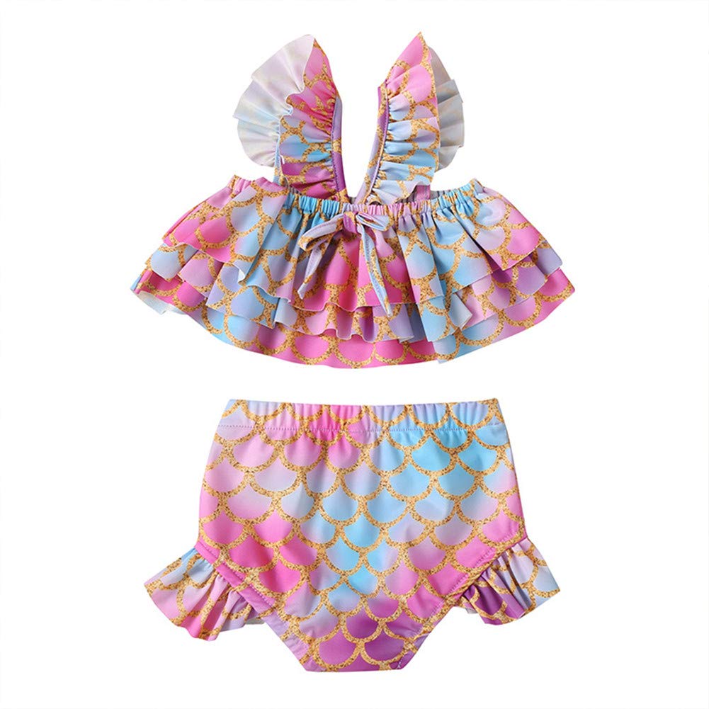 Toddler Infant Baby Girl Mermaid Swimsuit Fish Scales Bathing Suit Bikini Ruffle Tankini 2Pcs Swimming Set (Pink,18-24 Months)