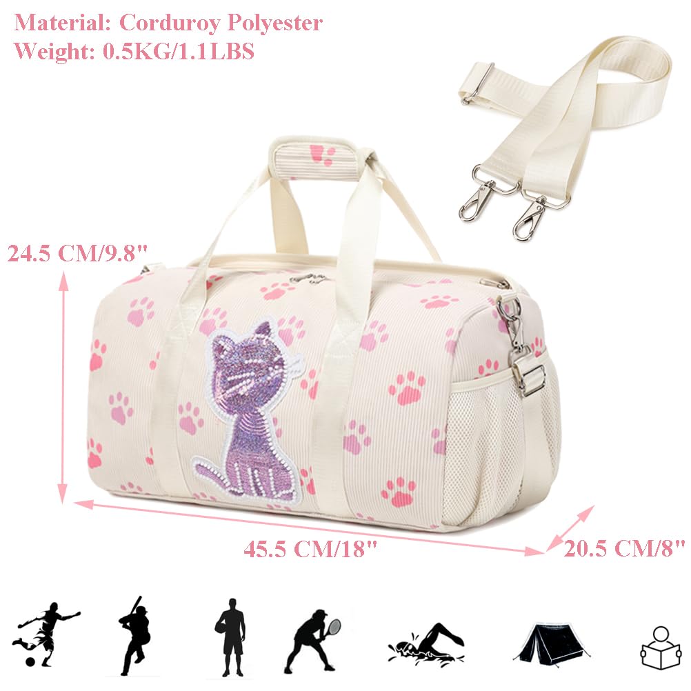 Kimwadalh Sac de Sport pour Filles - Motif Chat, Bandoulière, Danse, Gymnastique avec Compartiment Chaussures et Poche Humide - Tissu Velours Côtelé
