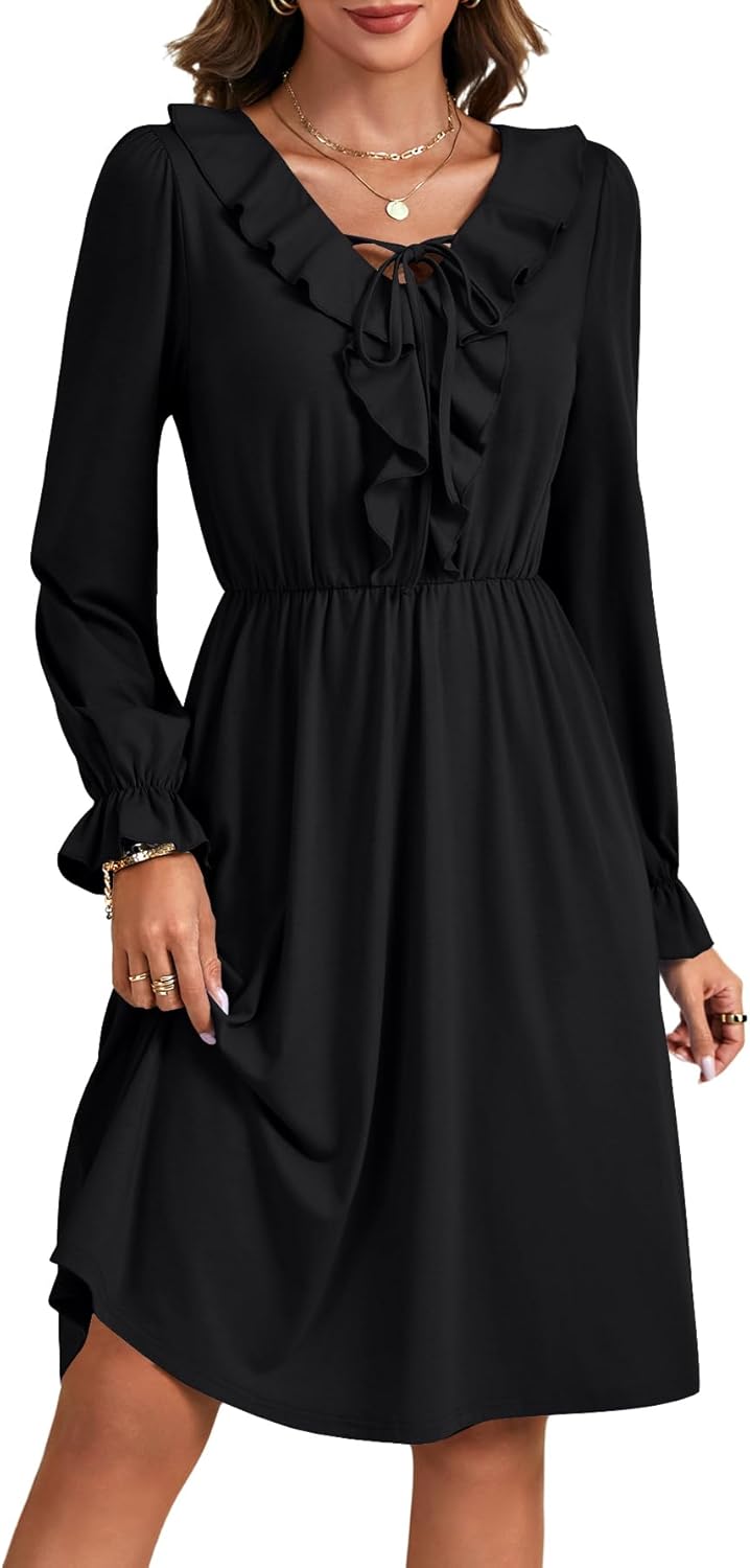 Rooscier Women's Ruffle V Neck Tie Flounce Long Sleeve Elastic High Waist A Line Midi Dress - Image 3