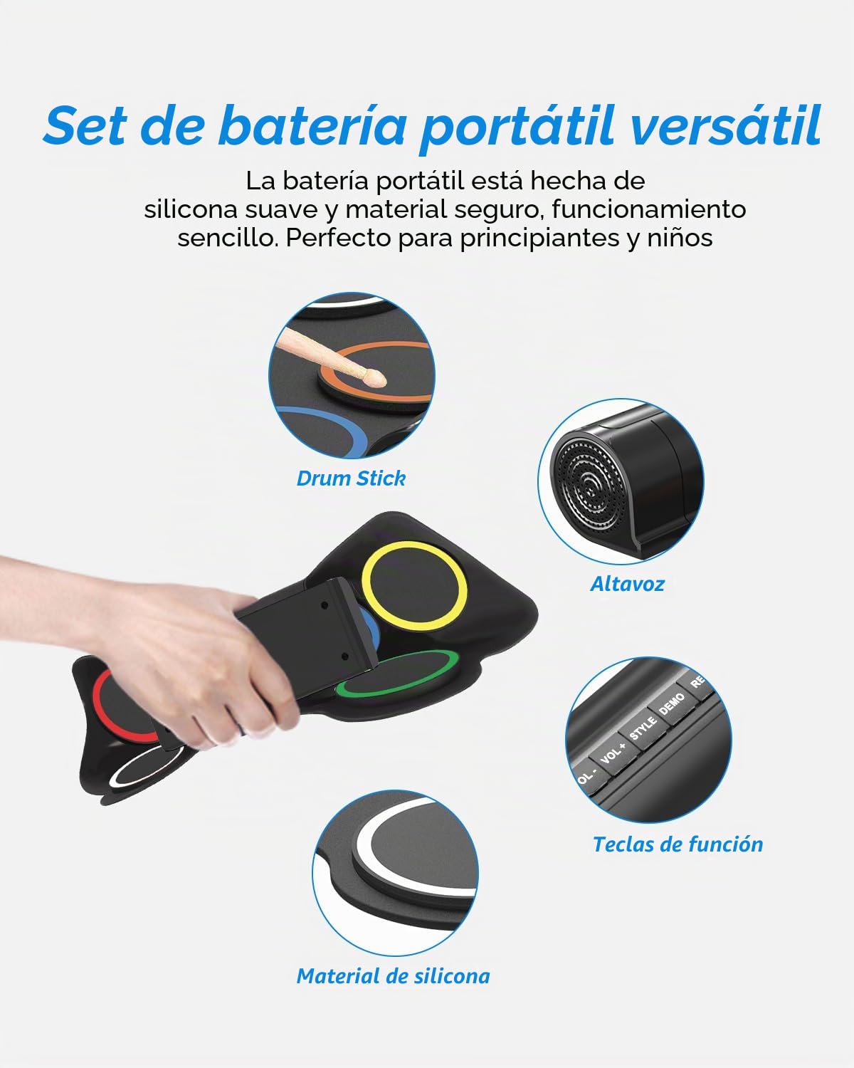 Batería electrónica, 7 almohadillas, batería electrónica plegable con baquetas y altavoces duales, juego de batería eléctrica portátil de color para niños, principiantes, cumpleaños y regalo