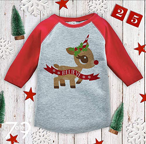 7 ate 9 Apparel Girl's Christmas Unicorn Red Baseball Shirt T-Shirt2