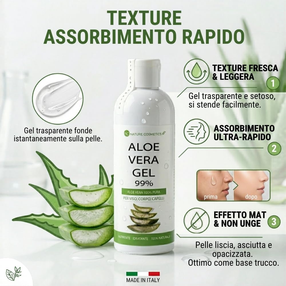 Aloe Vera Gel Puro, da coltivazione biologica. Per Viso, Corpo e Capelli. Idratante, rinfrescante post scottature solari, post depilazione e rasatura.(Confezione da 2 x 200 ml)
