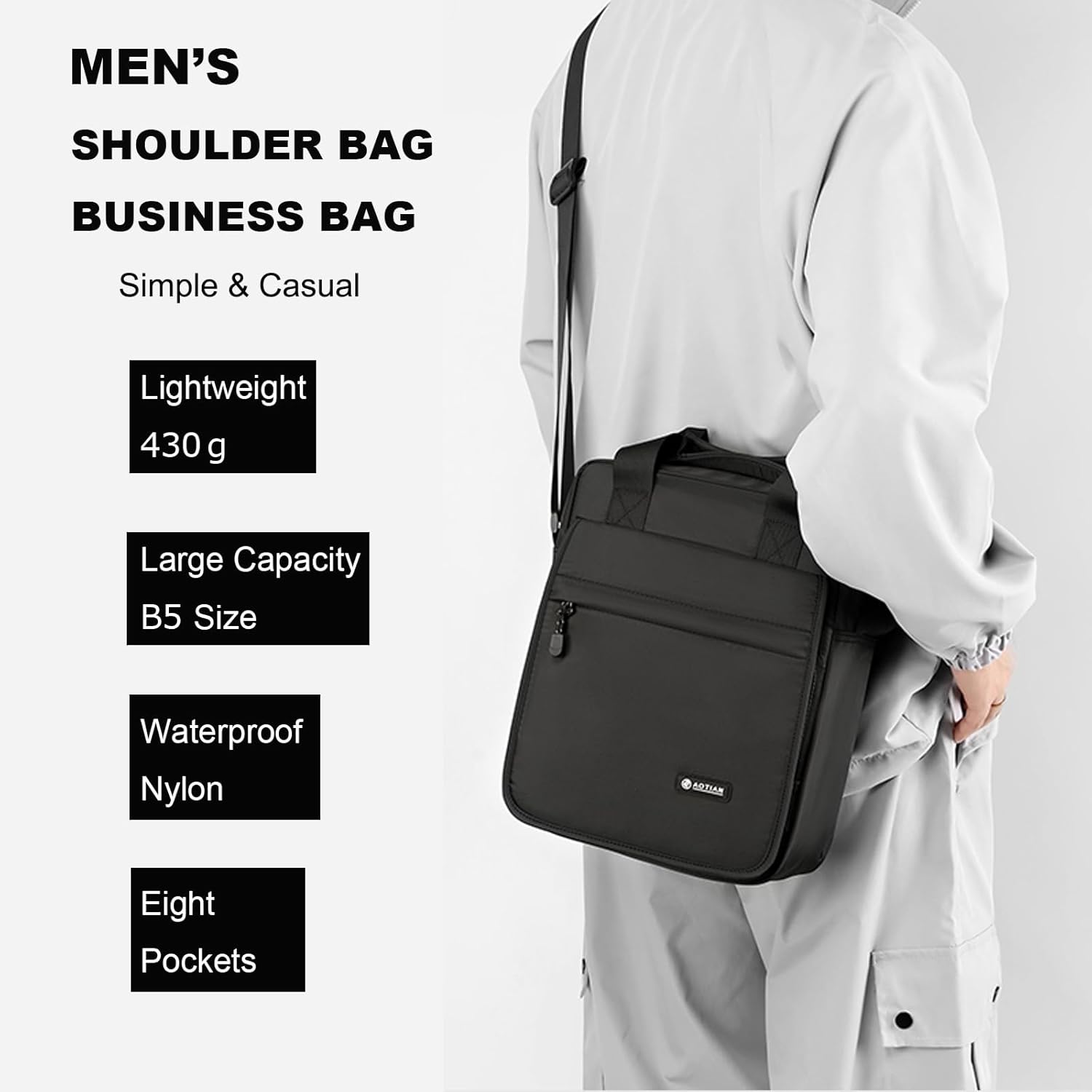 natyrlpog Men's Messenger Bag Shoulder Bag Nylon Business Waterproof Casual Black, Crossbody Bag Lightweight B5 for Work Travel Outdoor - Image 3