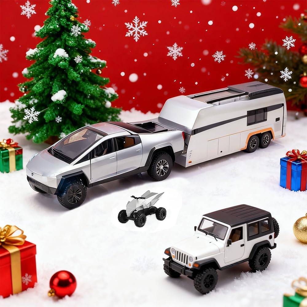 Toy Car Alloy Truck Set with Trailer and Motorcycle Cyberpickup Toy with Sound and Light Effect Pull Back Vehicle RV Toy EV Model Ideal Gift for Kids Boys Girls Adult Age for 3+