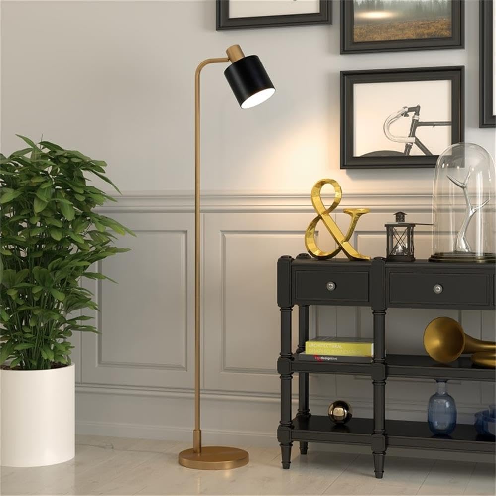 Pemberly Row Industrial Metal Floor Lamp, 65 in Tall, Brass Base with Black Matte Shade, Modern Mid-Century Style, Home Office, Bedroom, Living Room Lighting