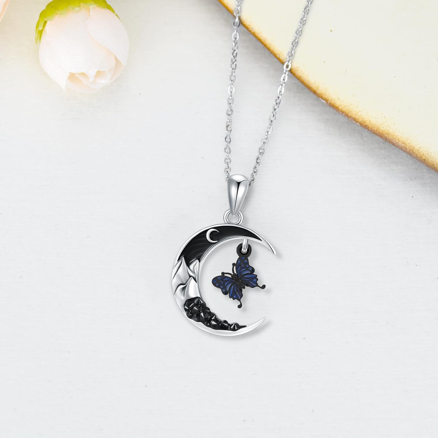 Gothic Jewelry Bat/Cat/Wolf/Dragon/Owl/Fox/Spider/Sun Pendant Sterling Silver Crescent Moon Necklace for Women Black Jewelry Gifts