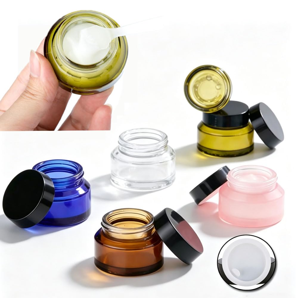 20 Pezzi Flaconi Vuoti in Vetro 15/30/50 g con Coperchio Nero Ricaricabili per Crema Viso Contorno Occhi Lozioni e Cura della Pelle Contenitori Cosmetici Portatili da Viaggio (20,15g,Trasparente)