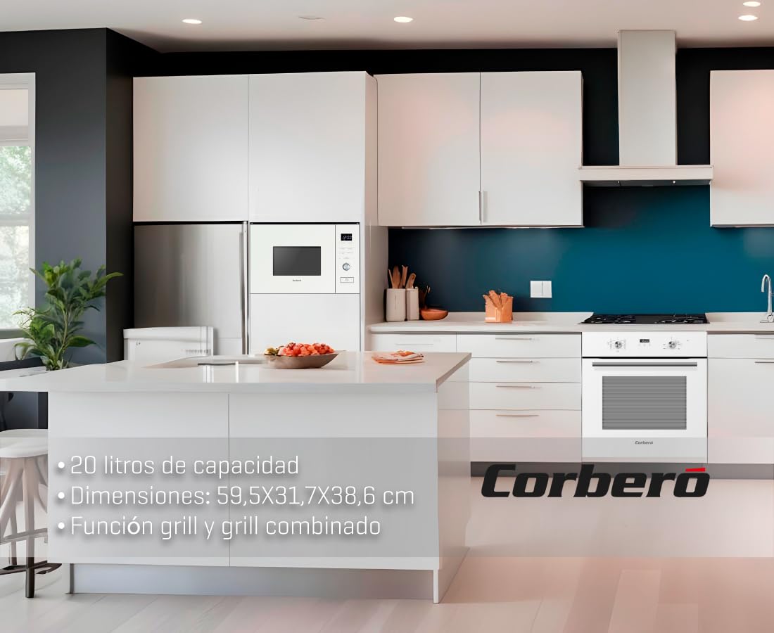 Corberó - Microondas Integrable | CMICM20GLWINTEG | 20L | Potencia 800W | Control Touch | 5 Niveles Potencia | Temporizador 95 min | Grill | Plato Giratorio 255mm | Blanco