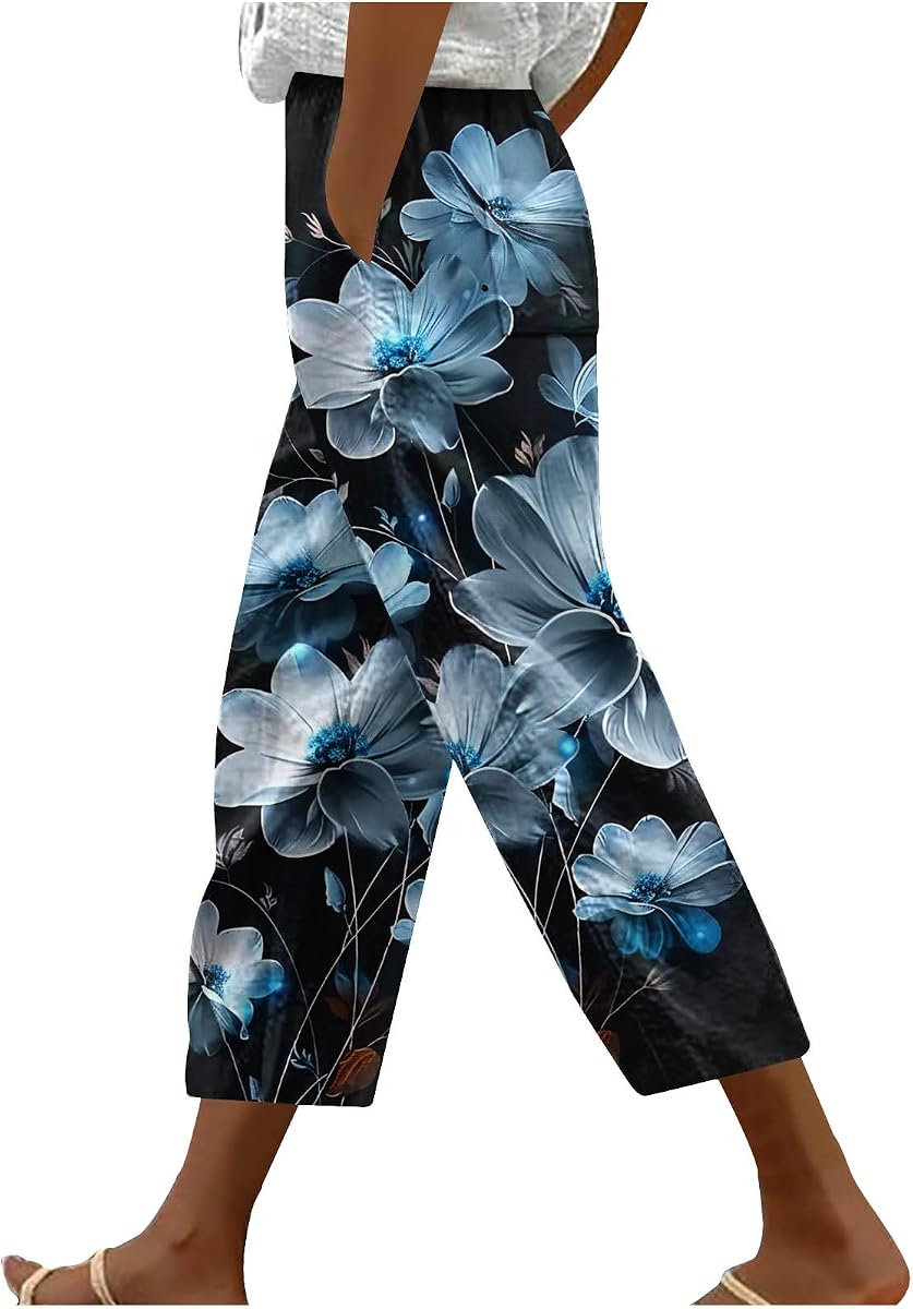 Pantalones capri hawaianos para mujer, pantalones casuales con estampado floral tropical, pantalones elásticos de cintura alta con cordón, pantalones de playa de verano