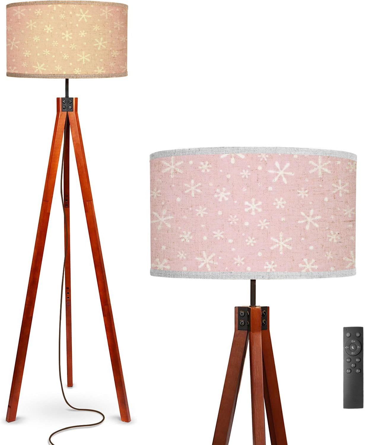 Floor Lamp Pink White Snowflakes Pattern Seamless Repeat Cute Winter Design Standing Lamp Solid Wood Legs Modern Tall Lamp Tripod Floor Lamp with Flaxen Shade for Living Room, Bedroom, Office