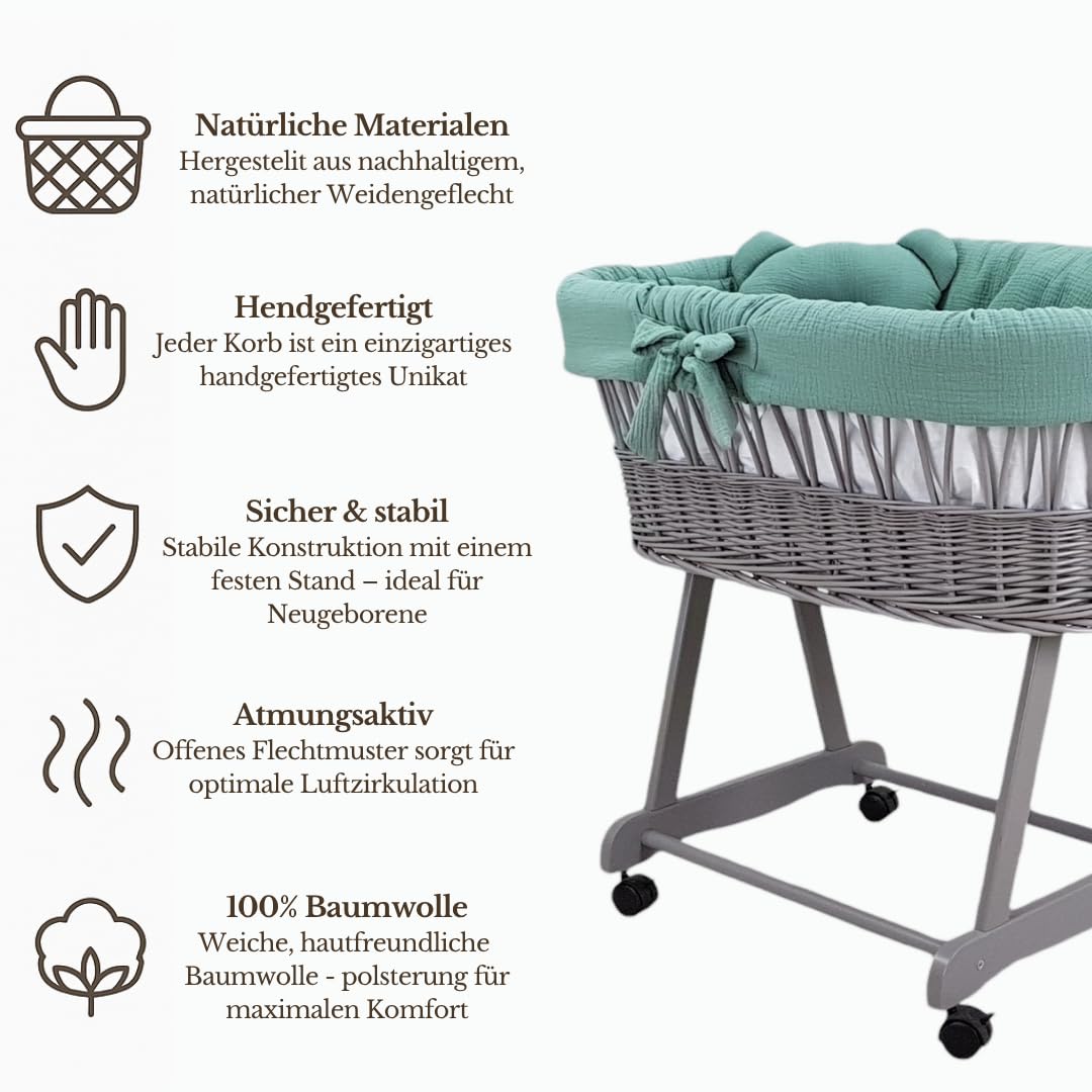 Stubenwagen Baby mit Rollen & Bremse – Grauer Moseskorb aus Naturweide inkl. Matratze & Khaki Bettwäsche aus 100% Baumwolle – sicher & mobil – Modell Amelia