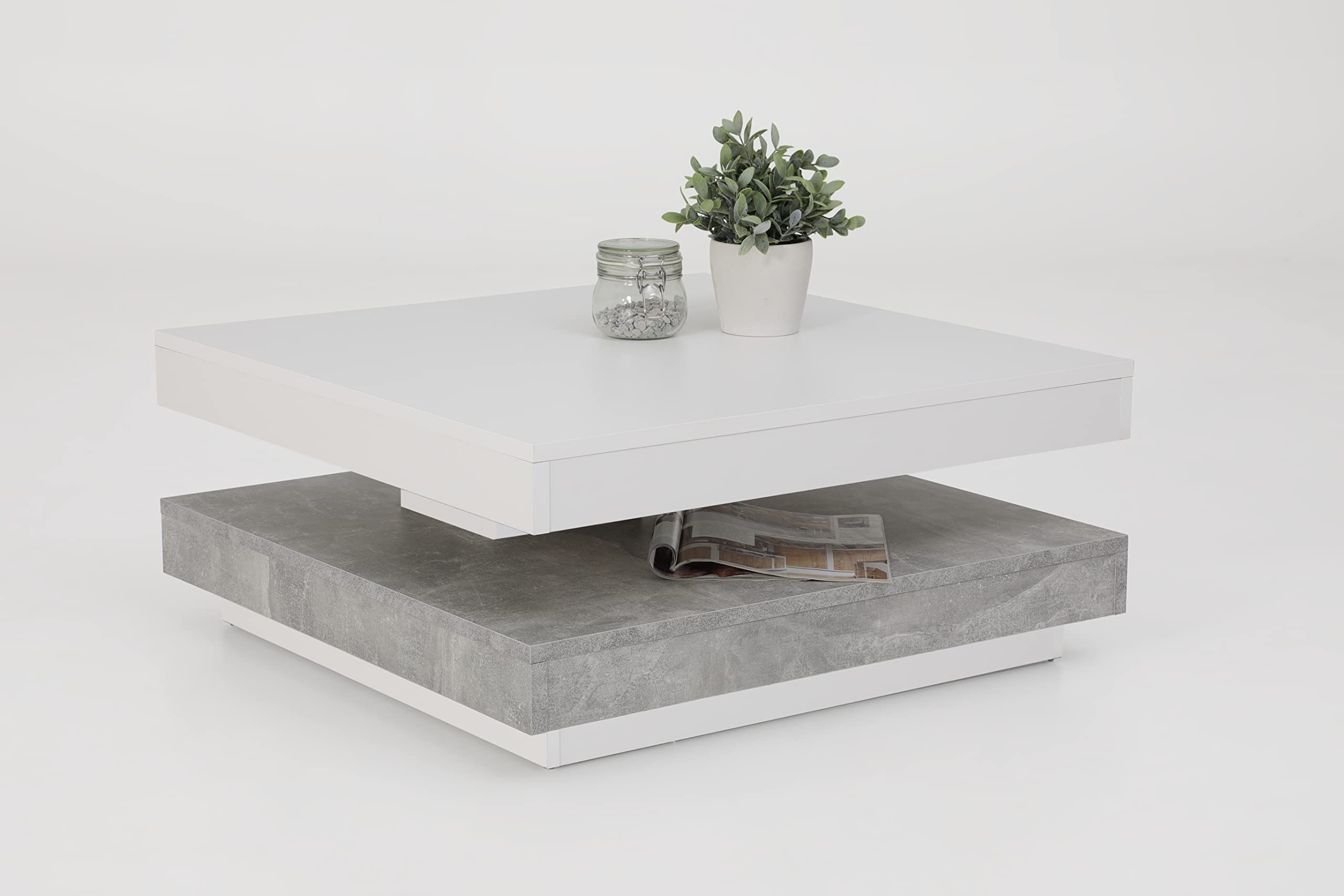 Hela Tische, Couchtisch Wohnzimmertisch Andy, Quadratisch, Holzwerkstoff ,Tischplatte drehbar 360°, Weiß/Beton, 67x67x35cm