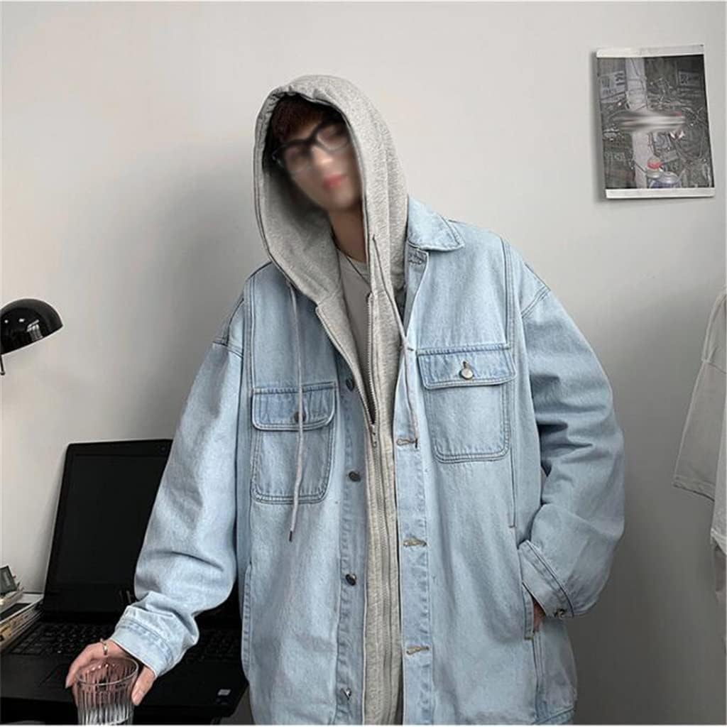 Fake Two Denim Jacket Hooded Male Trendy Loose Cargo Is Versatile