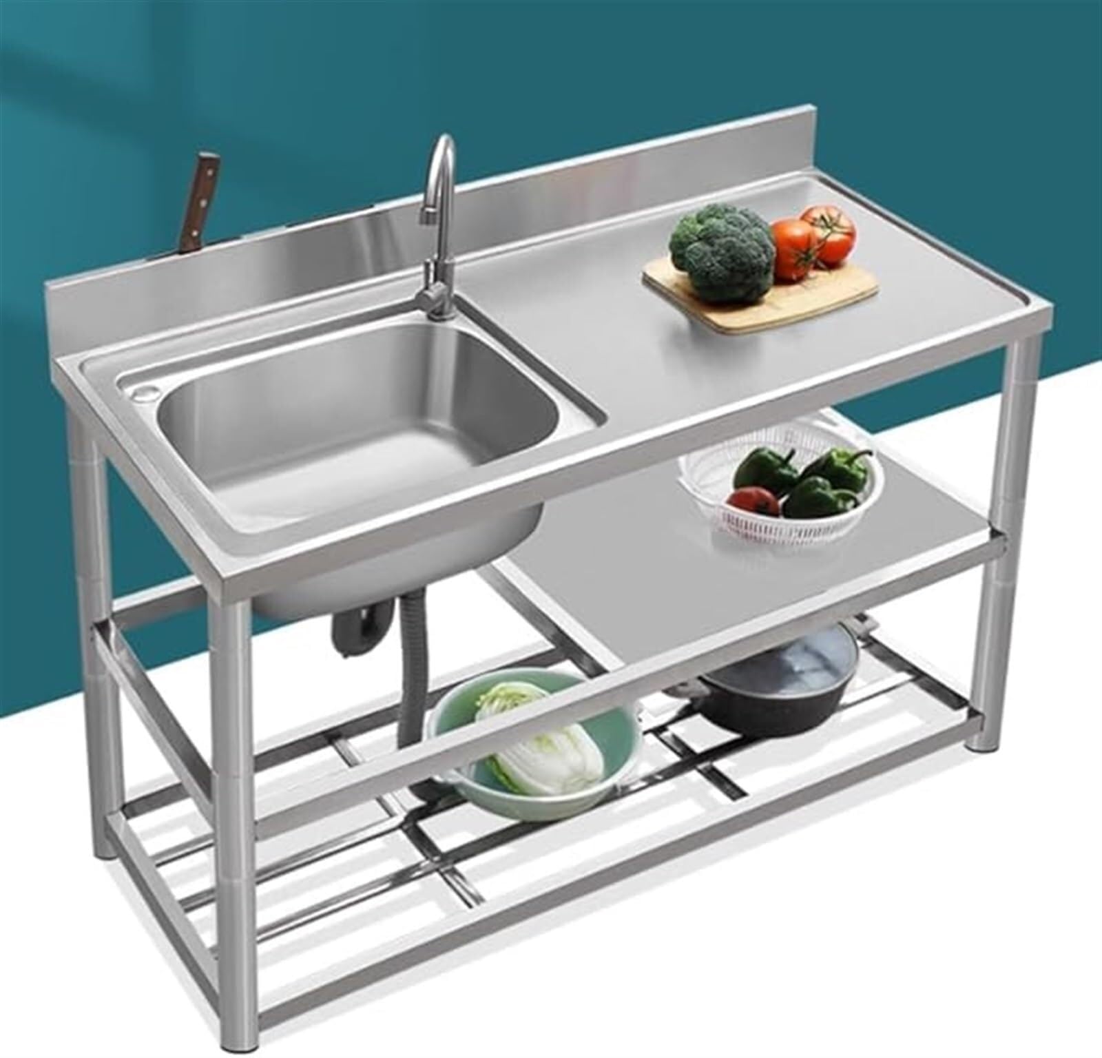 WBJGUOD Freestanding Stainless Steel Commercial Sink with Hot & Cold Water Faucet - Heavy-Duty Single Bowl Kitchen Storage Shelves and Accessories(Left Bowl,80cm/31.5in)