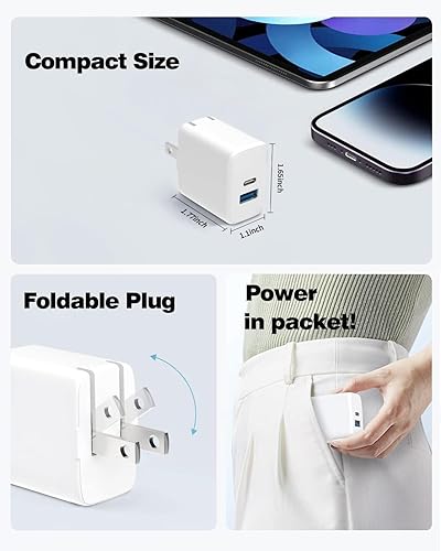 Miniatura 7 de Cargador para iPhone 15, paquete de 20 W, 2 puertos, compacto, plegable, rápido, USB C, con cable de carga USB C a C de 10 pies para iPhone 1515