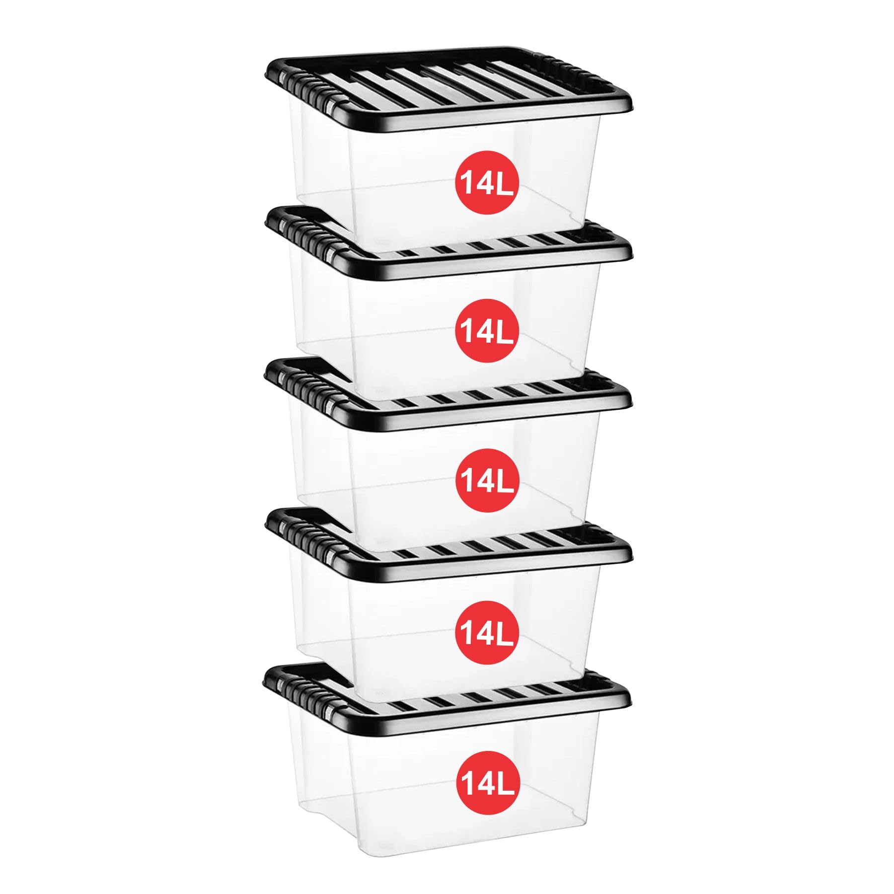 RelianceUK 14L Plastic Storage Boxes with Lids (14 Litre / 5 Pack) | Stackable Boxes with Black Lid and Clear Containers for Home Kitchen | Storage Tubs for Office Accessories — image 1