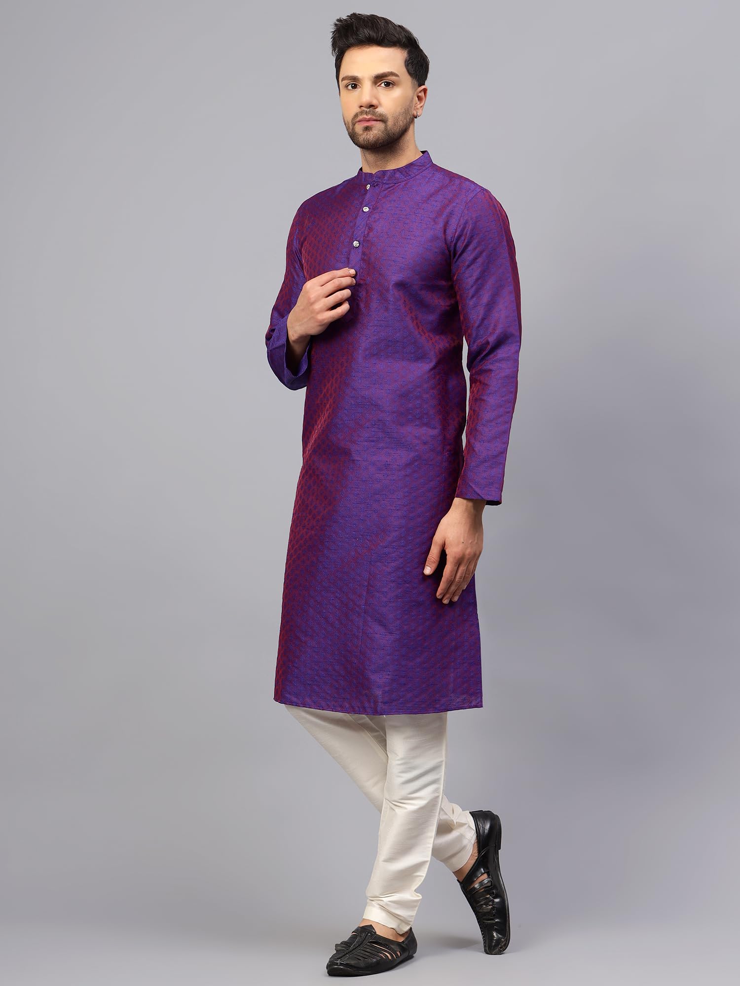 LATEST CHIKAN Men’s Silk Chikankari Kurta with Cream Churidar | Festive Set - KP-SB-PR-38 - Image 6 thumbnail