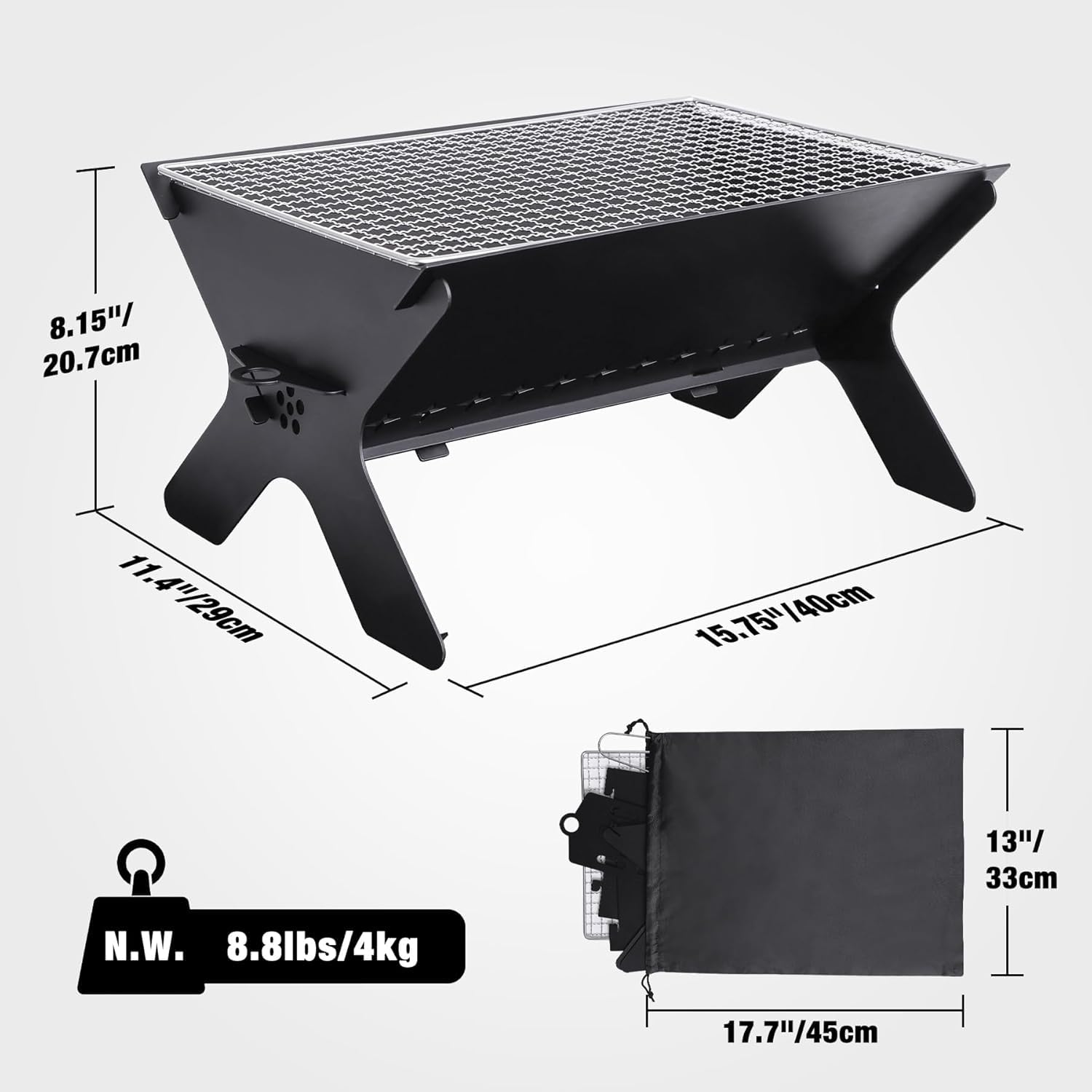 REDCAMP Camping Feuerstelle groß mit Grillrost, 2in1, tragbar, Outdoor | Feuerkorb mit 304 Edelstahlrost, Holz & Kohle, werkzeuglos, klappbar, kompakt mit Tasche, für Garten Strand unterwegs