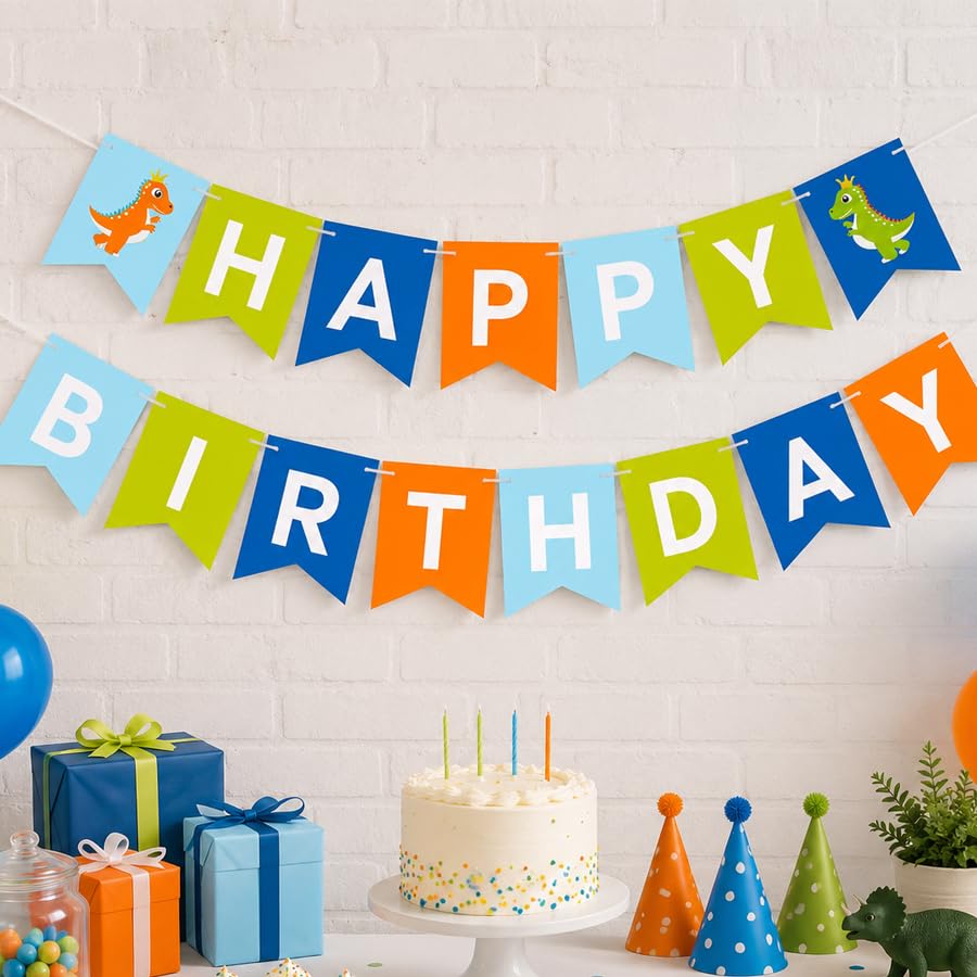 Dinosaur Happy Birthday Banner, Colorful Pennant Flag Garland, Dino Themed Birthday Party Decorations for Birthday Backdrop Supplies P1