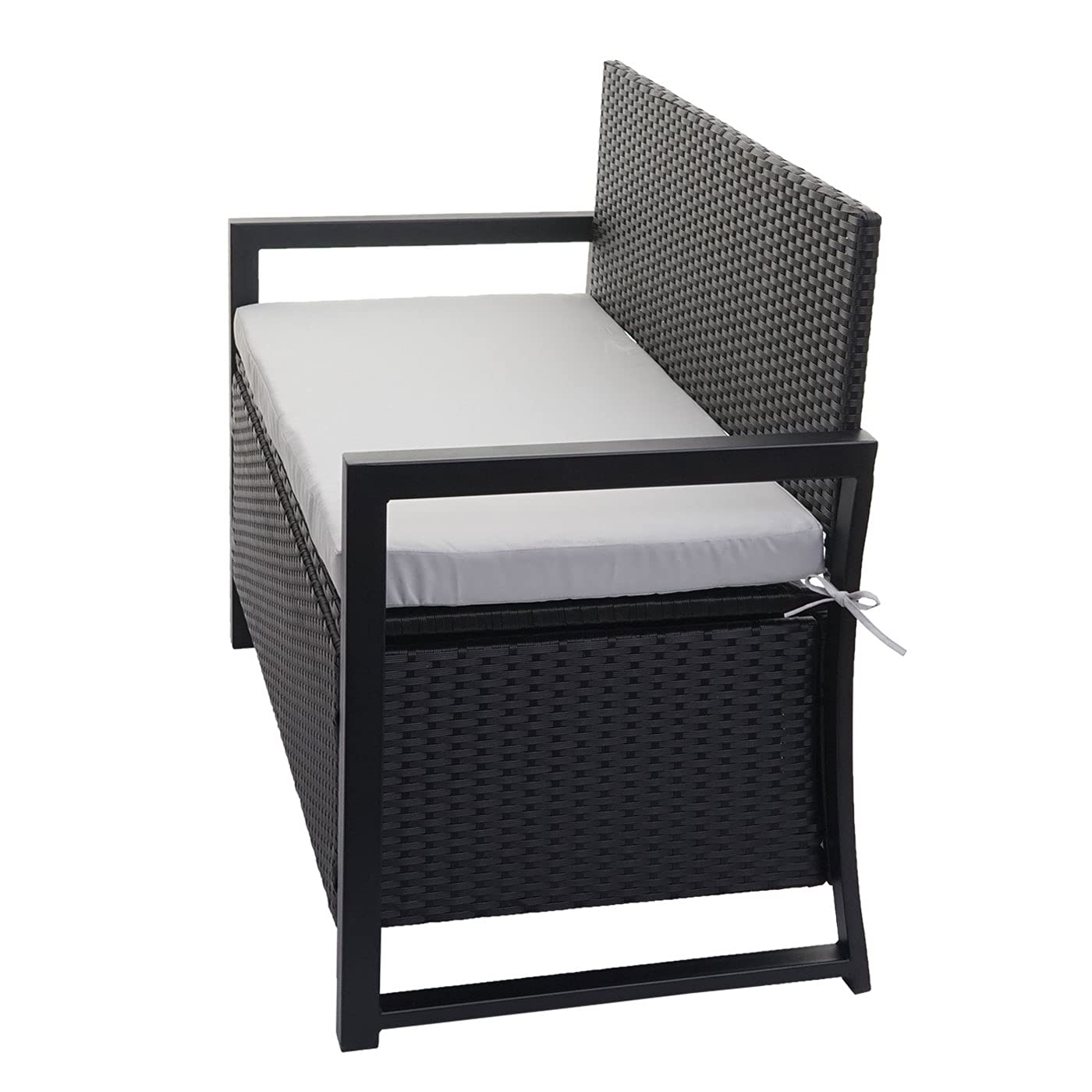 Mendler Banco de 2 plazas HWC-F39 de polirratán, banco de jardín, baúl, compartimento de almacenamiento, cojín de almacenamiento, color antracita, cojín gris