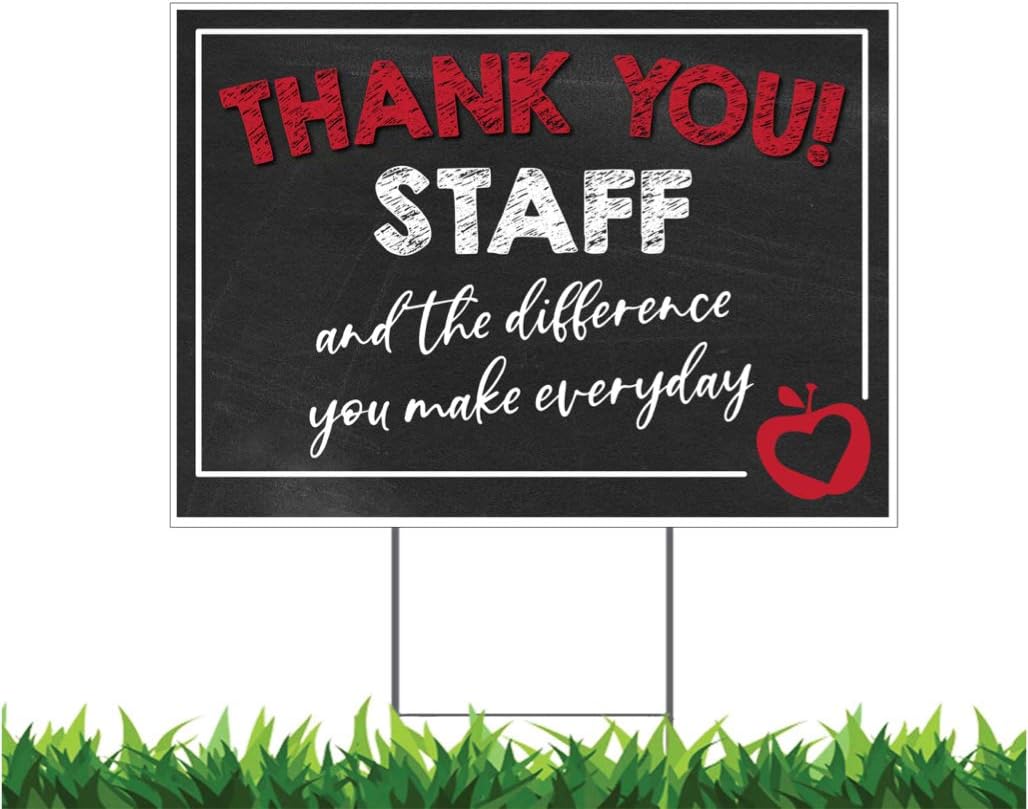 Thank You Staff Yard Sign, Full Color Double Sided Outdoor Signs, Weatherproof with Metal H-Stake, Staff Appreciation for Schools, Classrooms, & Homes (Black, Red, White, Gray, 24x18 Inches)