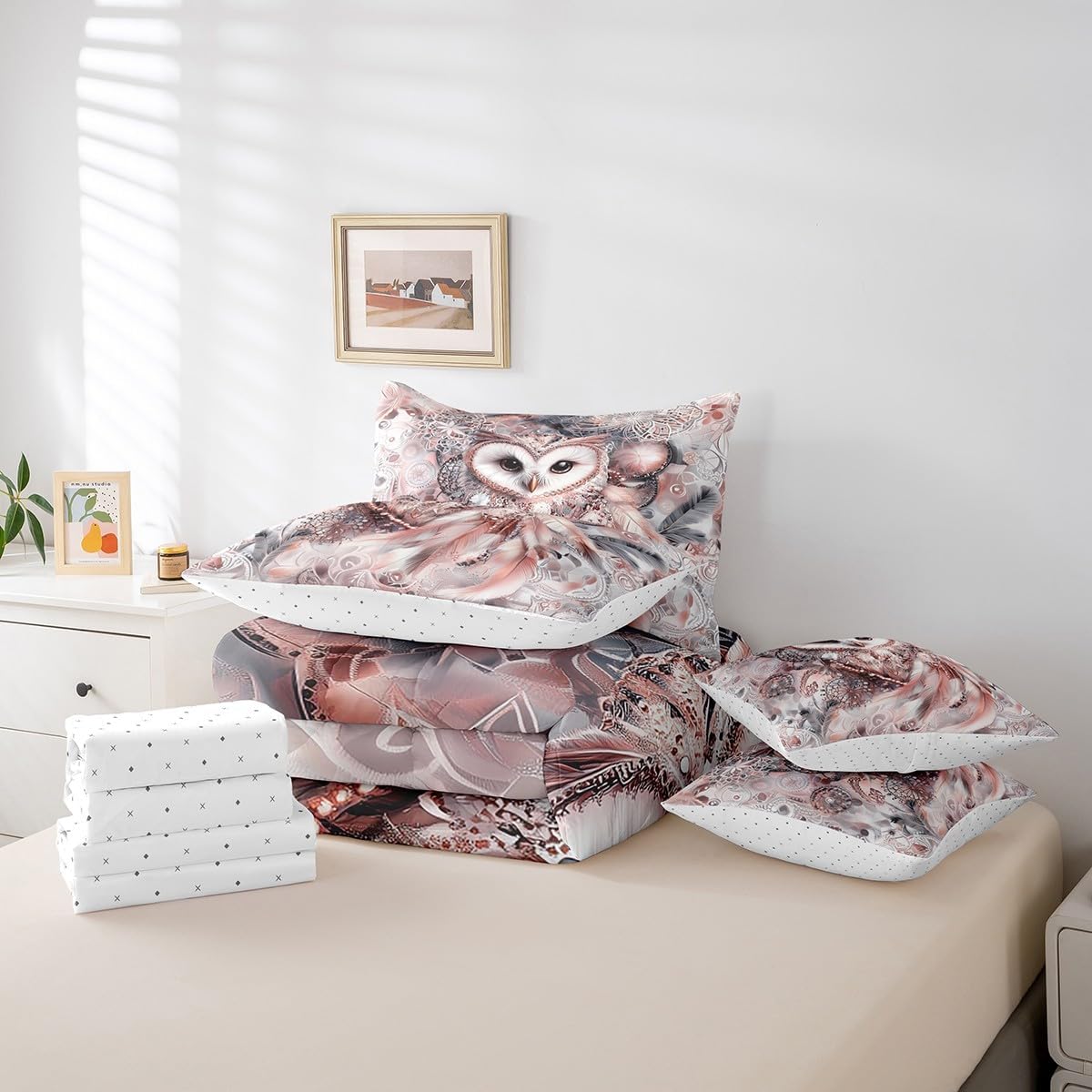Erosebridal Wildlife Owl Full Comforter Set 7 Piece Boho Dreamcatcher Bedding Set Wild Animal Bed in A Bag with Sheets for Boys Girls Teen,Exotic Tribal Feather Sheet Set with Comforter