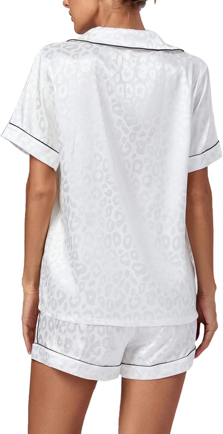 Vrtige Women's Silk Satin Pajamas Leopard Print Button Down Short Sleeve and Shorts Pj Sets - Image 2