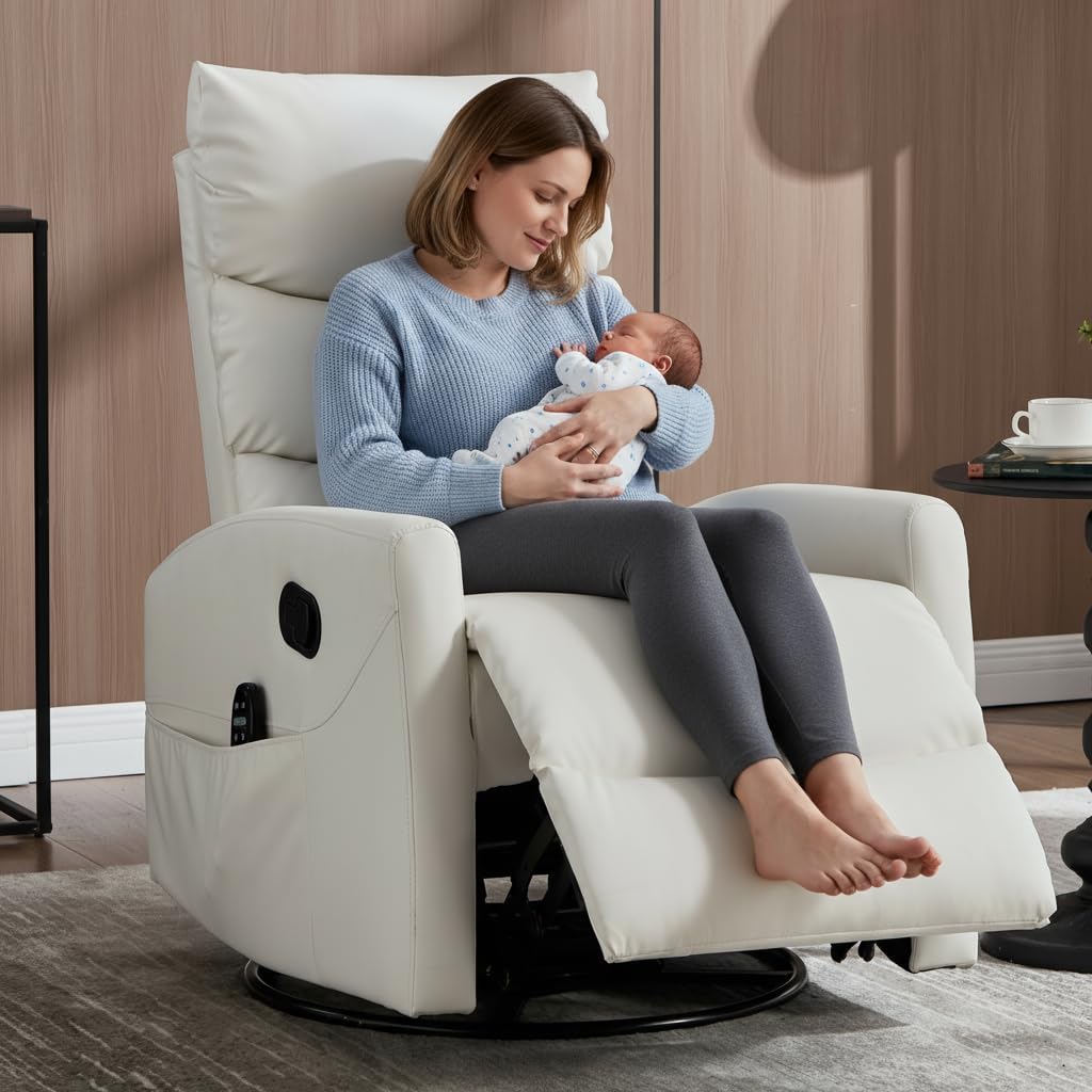 PELUMY 360° Swivel Rocker Recliner with Heat & Vibration Massage, Glider Rocking Chair for Adults, Compact Recliner for Living Room, Small Spaces, Nursery, Bedroom (Breathable Leather, White)