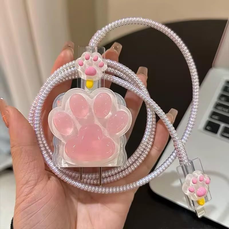 Image of Compatible with iPhone Cute Cat Charger Case Cover | Cartoon Character Silicone Charger Case Cover for 18-20W 360 Degree Full Protection Cover (Pink Claw NEW)