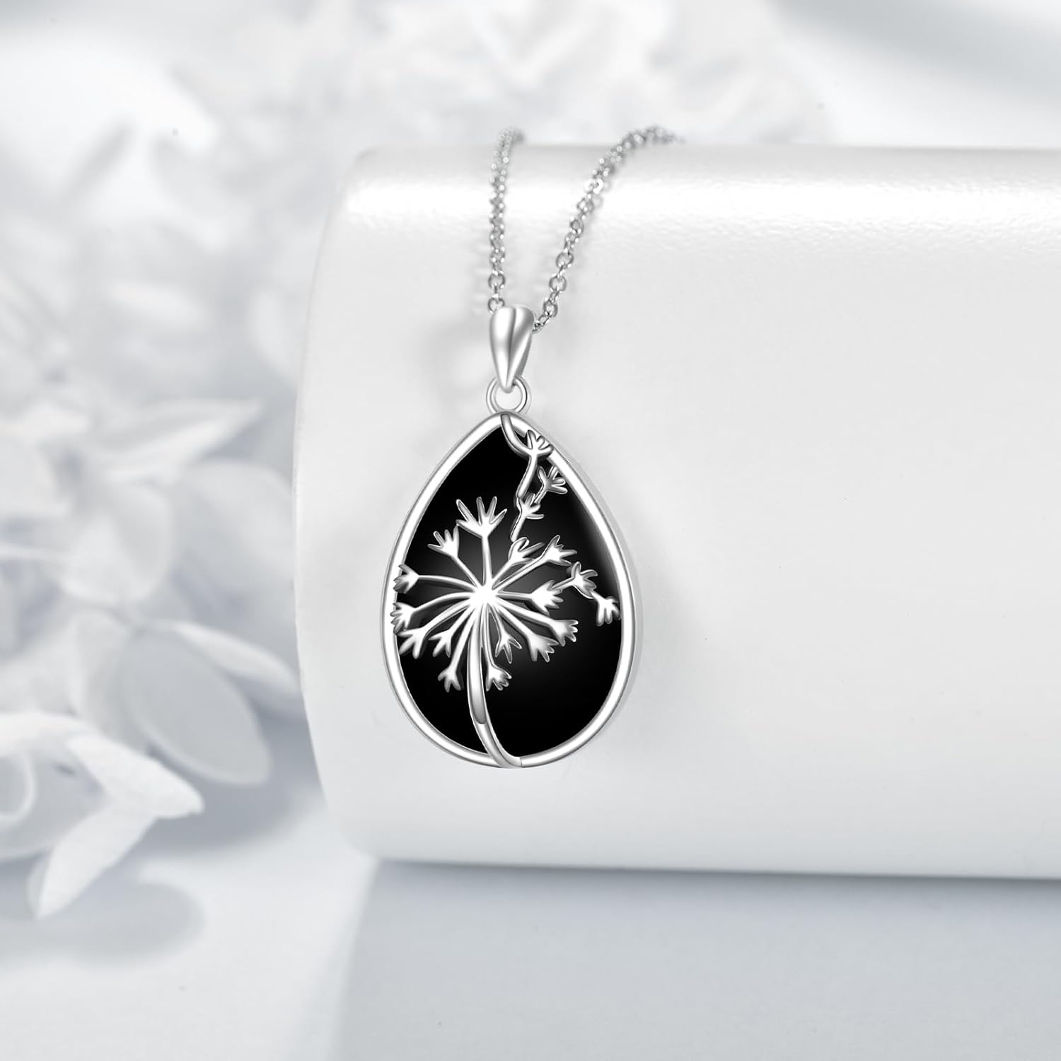 YFN Black Tourmaline Necklace Sterling Silver Dandelion Flower Pendant Necklace Black Tourmaline Jewelry for Women Make a Wish Gifts