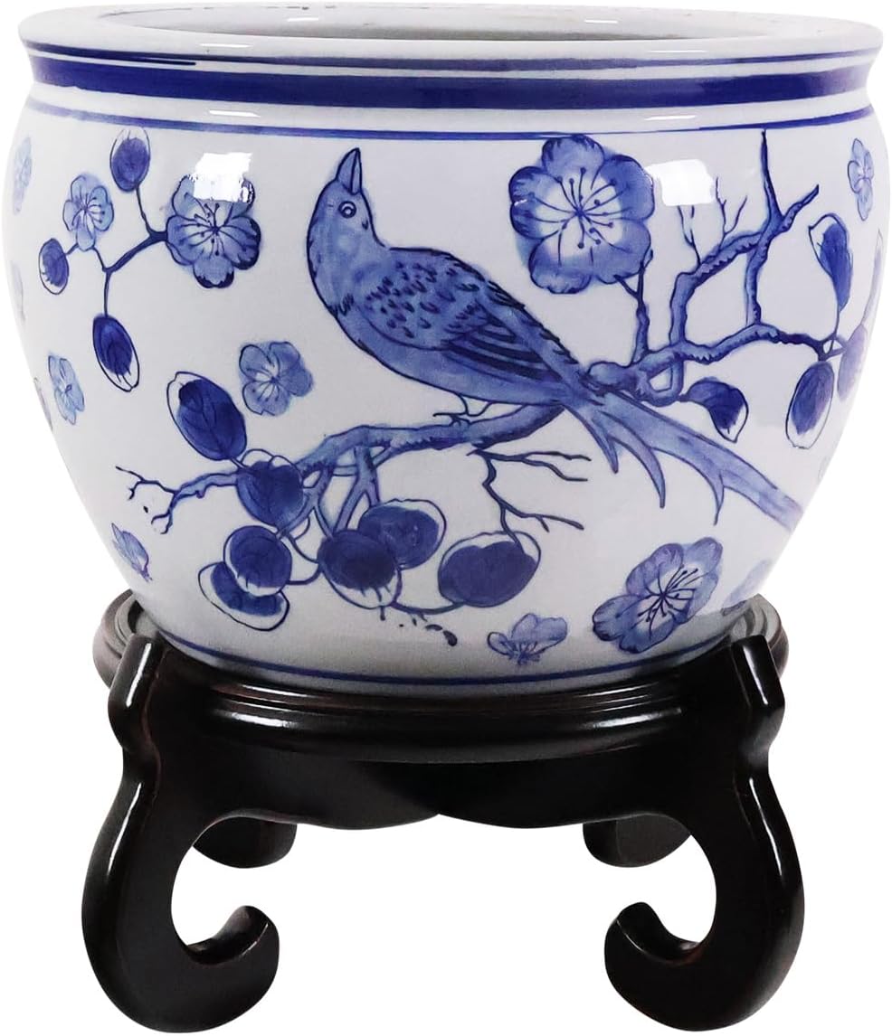 Garden Planter Blue and White Chinese Porcelain with Bird and Flower 12" Wide