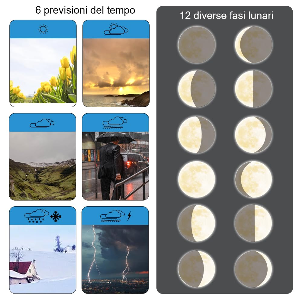 KETOTEK Stazione meteo wireless per interni ed esterni, con sensore, LCD, termometro igrometro, radiosveglia DCF, barometro, previsioni meteo, tramonto in città, calendario, fase lunare