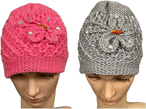 Miniatura 6 de Petal Cliff 2 unidades gorro de ganchillo de punto de lana para mujer con flor para protección contra clima frío talla única