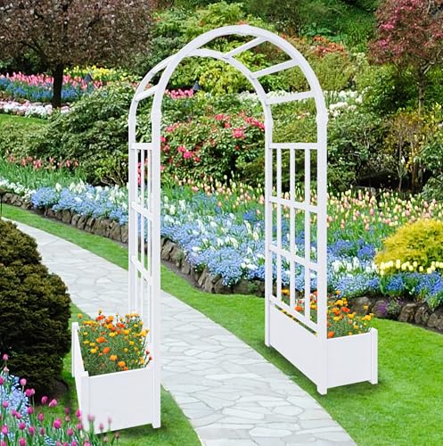 FENCETECH No-Dig 40' W x 86' H Vinyl Arbor with Planter Box, Vinyl Planter Arch with Trellis, Garden Arbor for Climbing Plants, Yard, Garden or Pathway, White