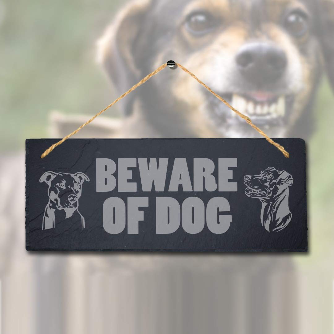 Stukk Art Laser Kitten Puppy Pup Home Door Gate Sign (Beware of Dog D2), Natural Engraved Slate Stone Plaque, 30x12cm (Large)