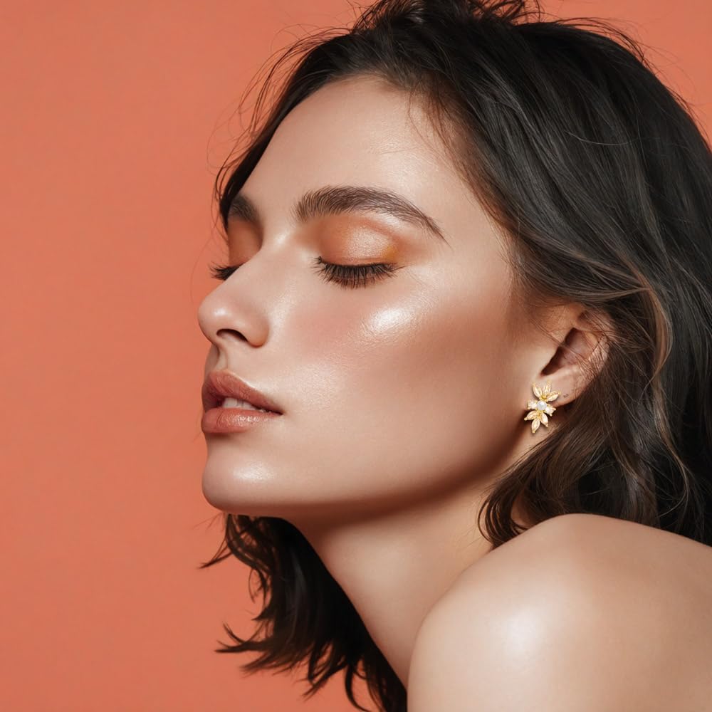 Delicate Cubic Zirconia Stud Earrings Cluster Leaf CZ Pearl Earrings Bridal Stud Earrings for Women Wedding Party - Image 4