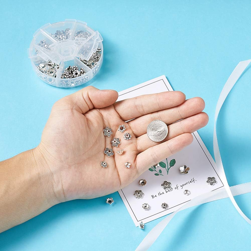 Beadthoven 180Pcs 6 Styles Tibetan Style Alloy Flower Spacer Bead Caps Cones End Caps with Container for Jewelry Making Hole: 1-2mm