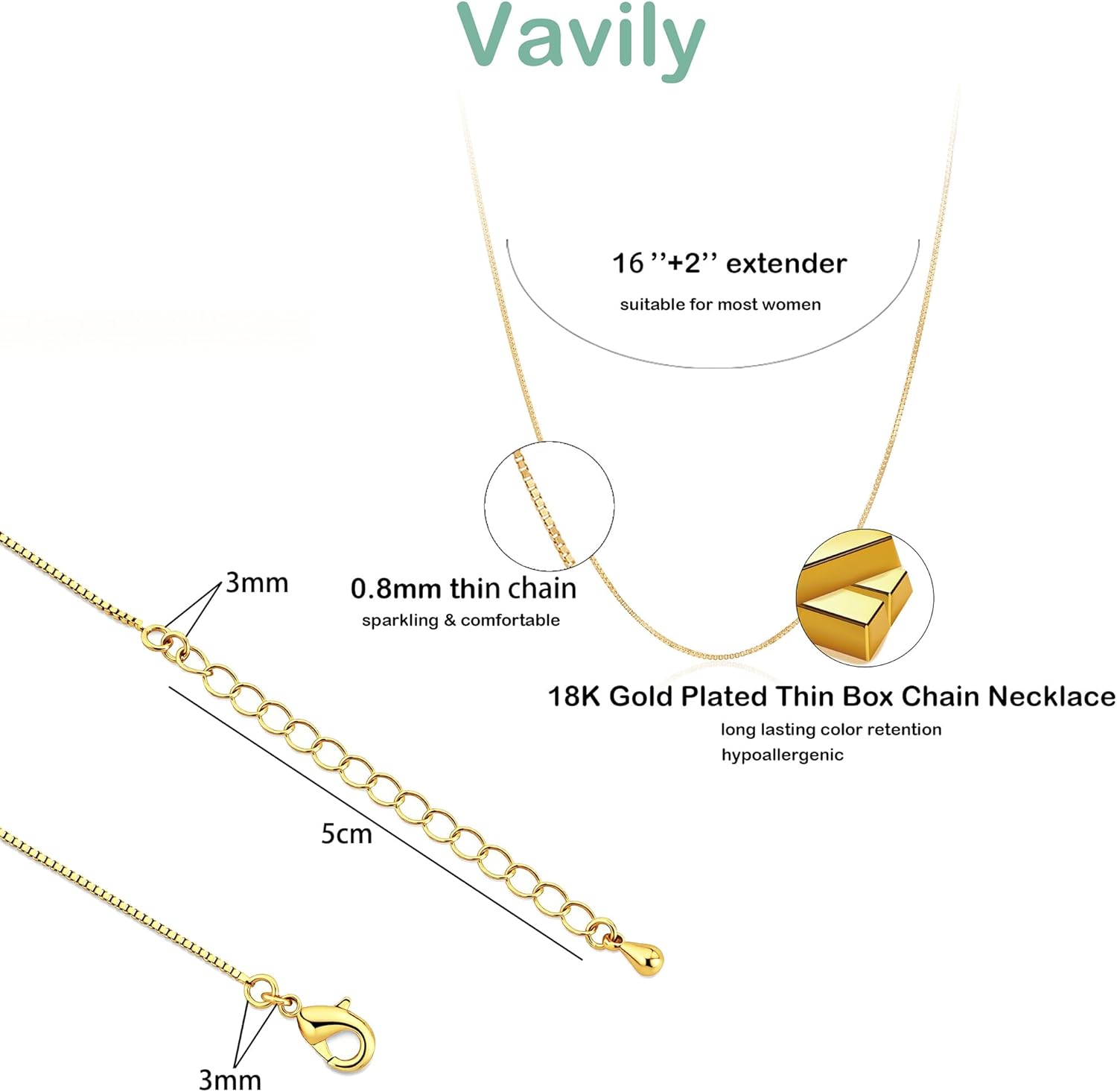 Minimalist Thin Gold Chain 18K Gold Plated Thin Box Chain Necklace Short Small Gold Chain Choker Necklaces for Women
