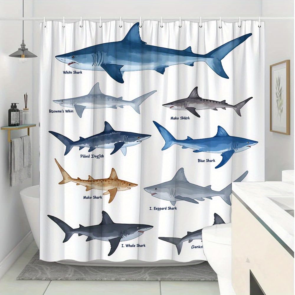 GLWDMB 1 Piece 180x180CM Educational Shark Species Printed Shower Curtain With Hook, Polyester, for Windows And Walls, Bathtub, Bathroom, Machine Washable, All Season Universal