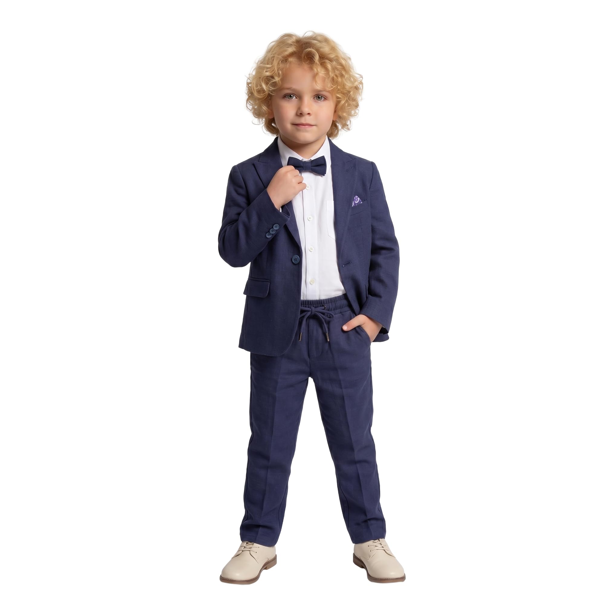 Traje para niños | Conjunto de 4 piezas de tela de licra flexible y cómodo 100% algodón, camisa, pantalones, chaqueta y pajarita | con elastano para fiesta y ropa formal para niños