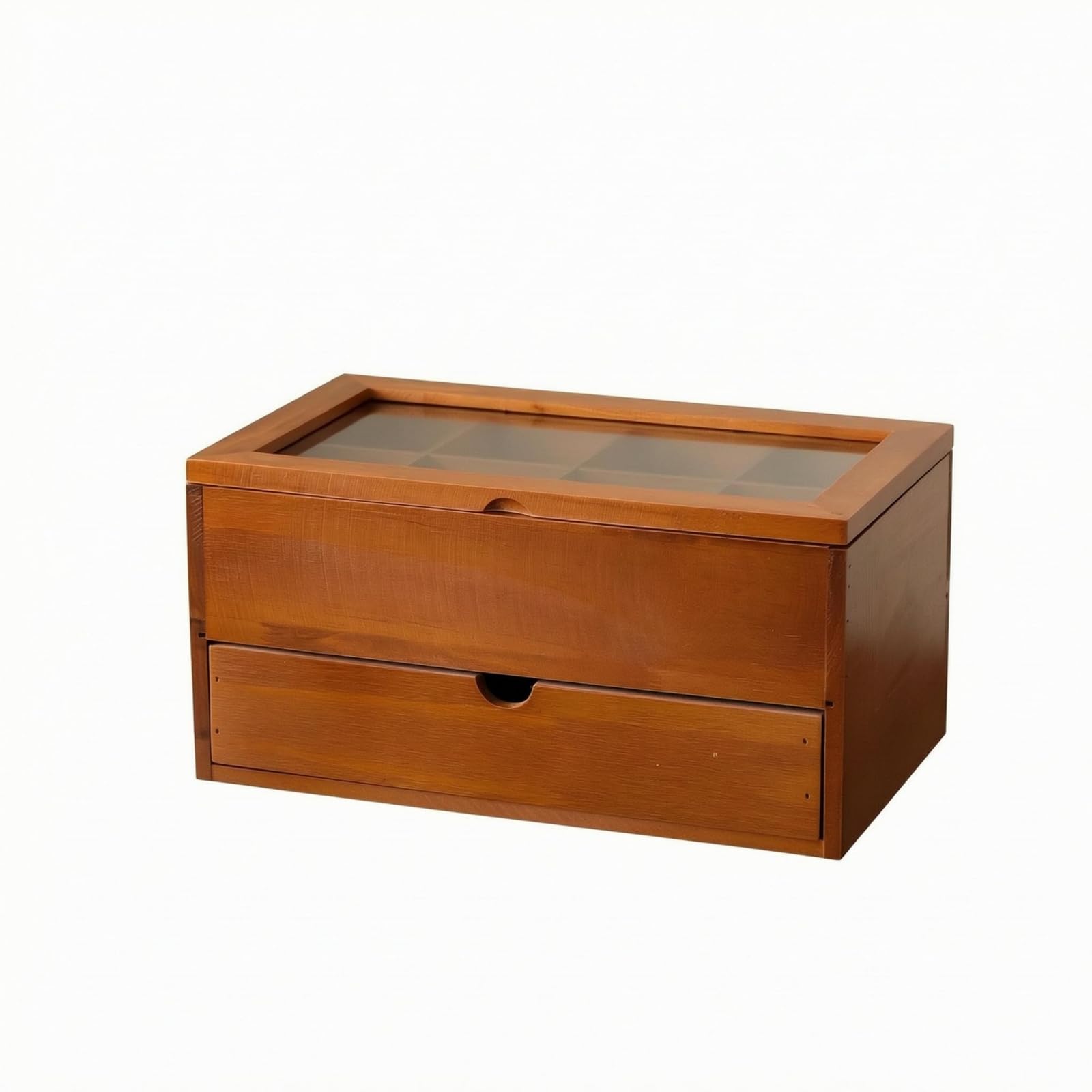 perfk Boîte de Rangement Thé en Bois Organiseur Thé à Deux Niveaux Coffret avec Tiroir Boîte à Sachets Couvercle Transparent Bois Massif Utilisation Pratique Rangement Maison Bureau, Bois Foncé