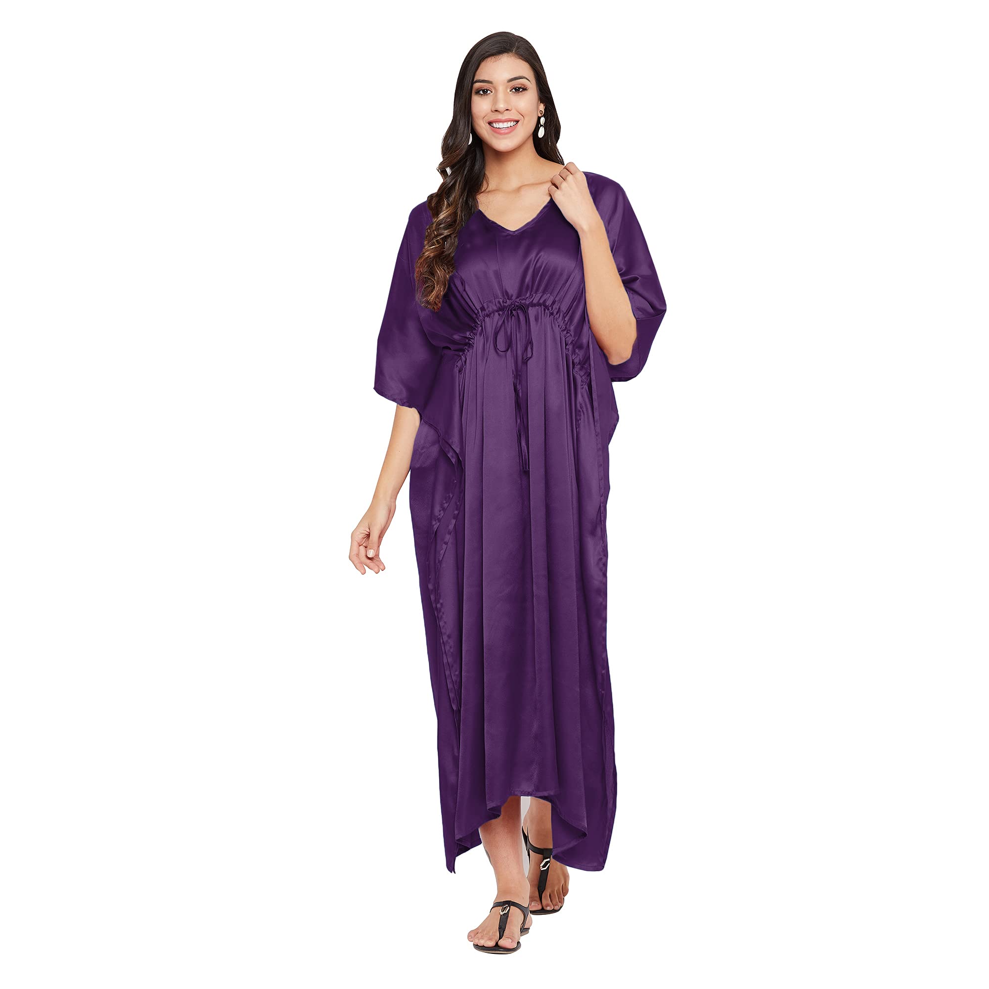 Oussum Women Plus Size Kaftan Dress Solid Satin Maxi Kimono Sleeves Night Gown Dresses Comfortable Lounge Wear for Ladies
