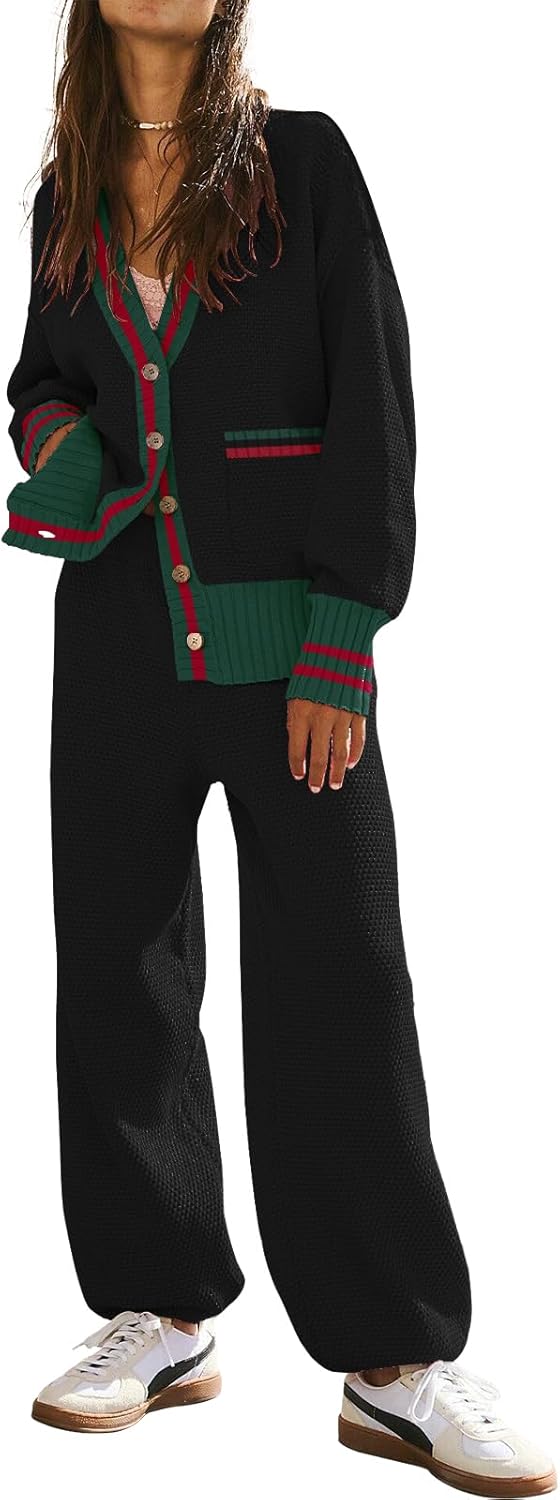 ETCYY NEW Women's 2 Piece Outfit Lounge Set Trendy Cardigan Sweater Pants Sets V Neck Button Pocket Knit Matching Loungewear Small Contrastblack3