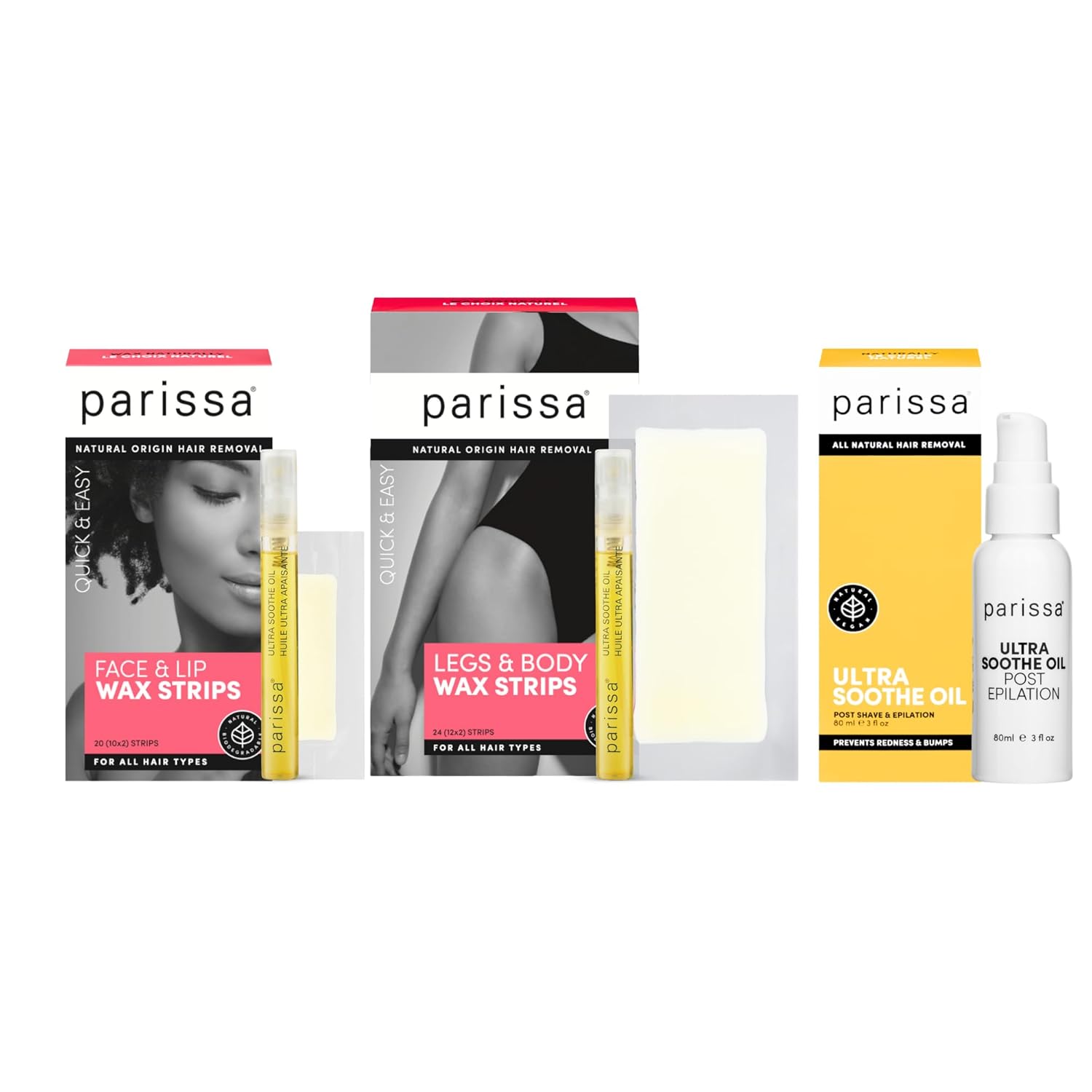 Parissa Wax Strips & Ultra Soothe Oil Bundle for Legs, Body, Face & Lips At-Home Waxing - 24 (12x2) Large Strips + 20 (10x2) Small Strips + 90 ml(80+5+5) Oil