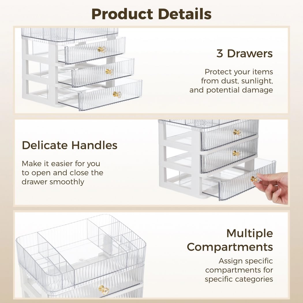 Makeup Organizer mit 4 Ebenen, transparente Kosmetik Aufbewahrungsbox im Schubladenstil, 3 Schubladen und Ablage oben, große Tischbox für Lippenstifte, Parfum, Pinsel, Pflege und Lidschatten