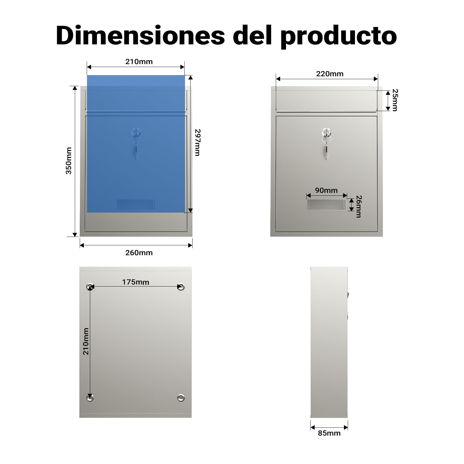 Wiltec Buzón de Pared Acero Inoxidable V10 con Placa de identificación, Amplia Ranura para Cartas y 2 Llaves buzón de Acero con Recubrimiento en Polvo para Montaje en Pared