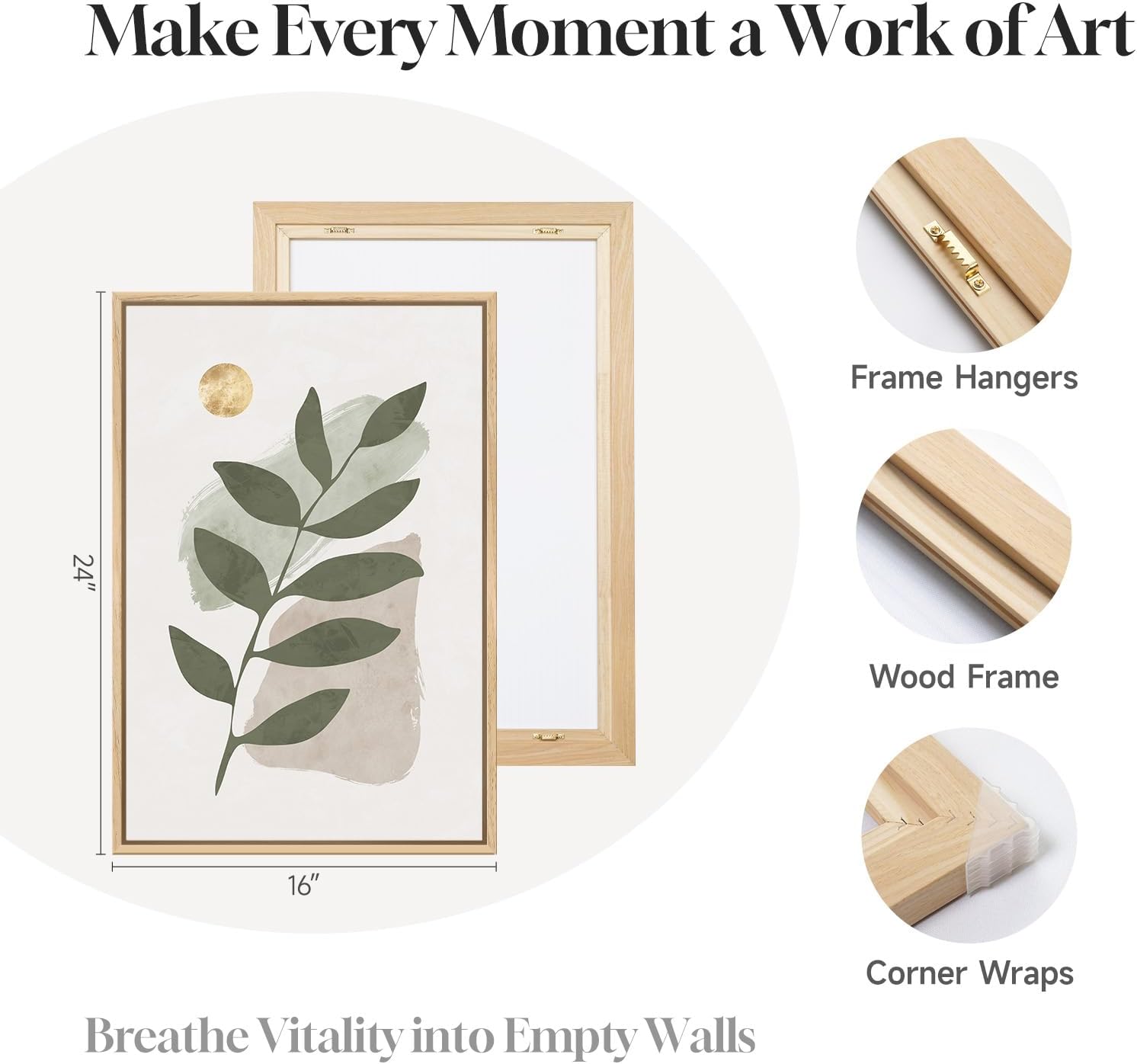 Large Framed Boho Sage Green Abstract Wall Art for Living Room, 3 Piece Leaf Botanical Canvas Artworks Decor, Minimalist Geometric Beige Gold Painting Prints for Dining Room Bedroom Office 16x24 Inch