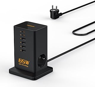 TESSAN Alimentatore USB C 65W, GaN Caricabatterie Multiplo, Caricatore Rapido con 2 prese, Stazione di Ricarica USB con cavo 2M