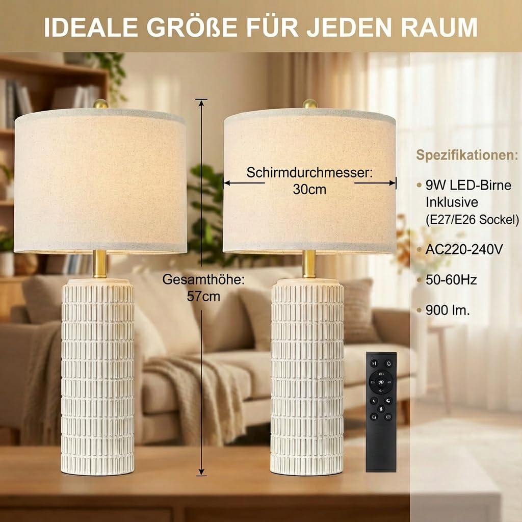 Tischlampen Leinenschirm 2er Set, H57cm LED Nachttischlampe Keramikfuß mit Timer 3 Farbtemperaturen Dimmbar, Inkl. E27-Birnen, Moderne Tischleuchte für Nachttisch Schlafzimmer Wohnzimmer Büro Lese